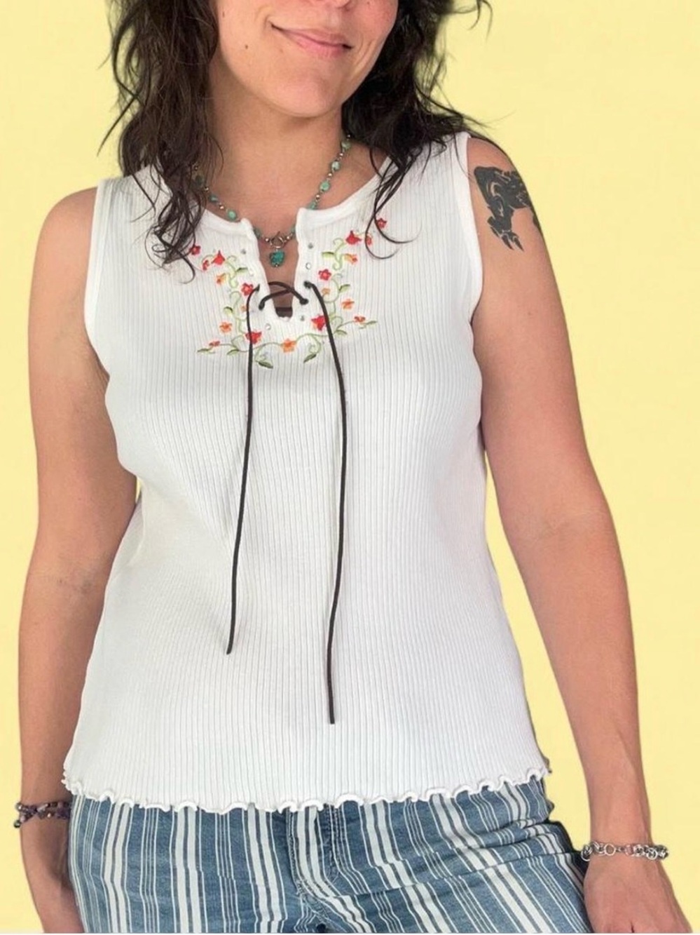 Sleeveless White Ribbed Tank with Floral Embroidery